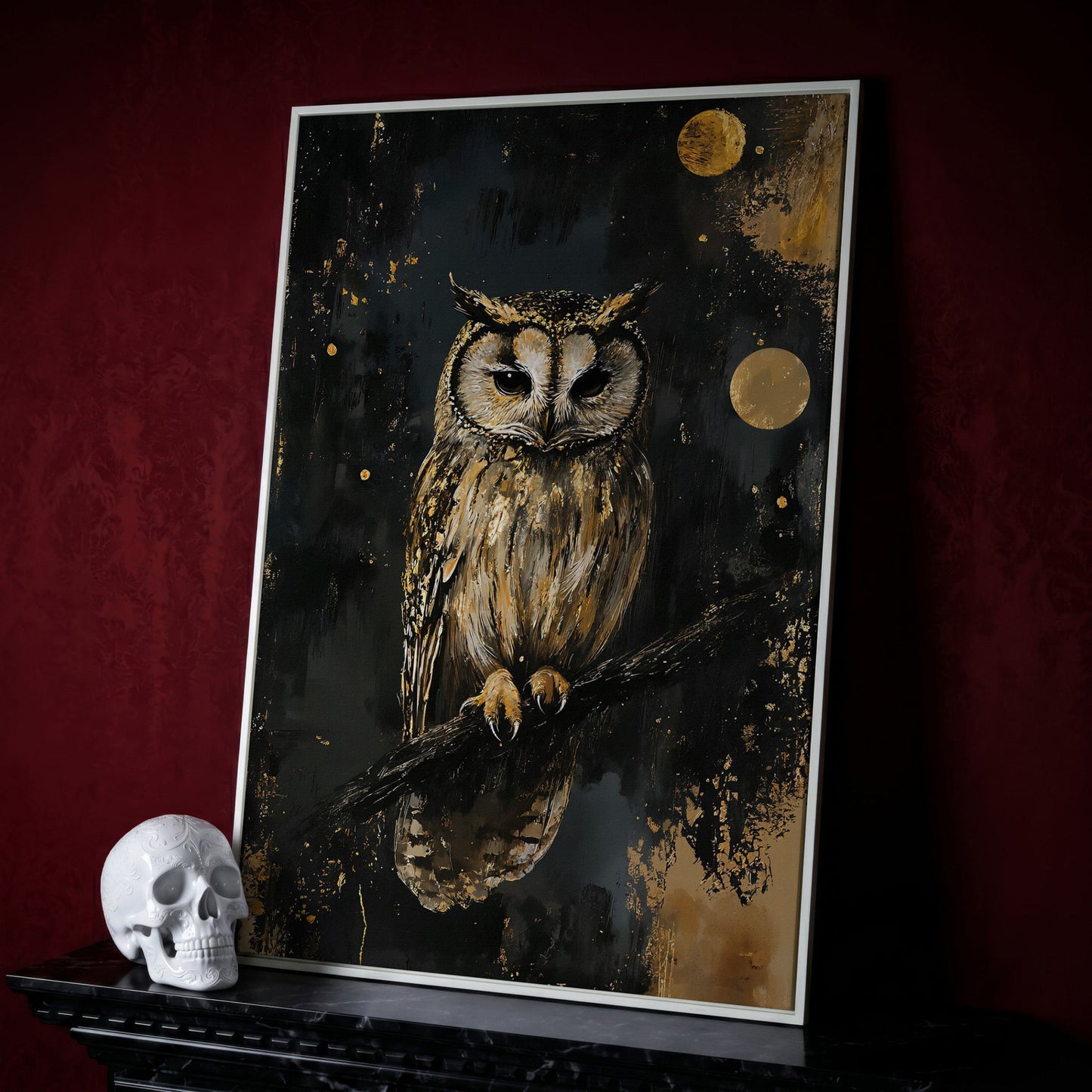 Owl on Branch Canvas Print, Dark Moon Night Art in white floating frame