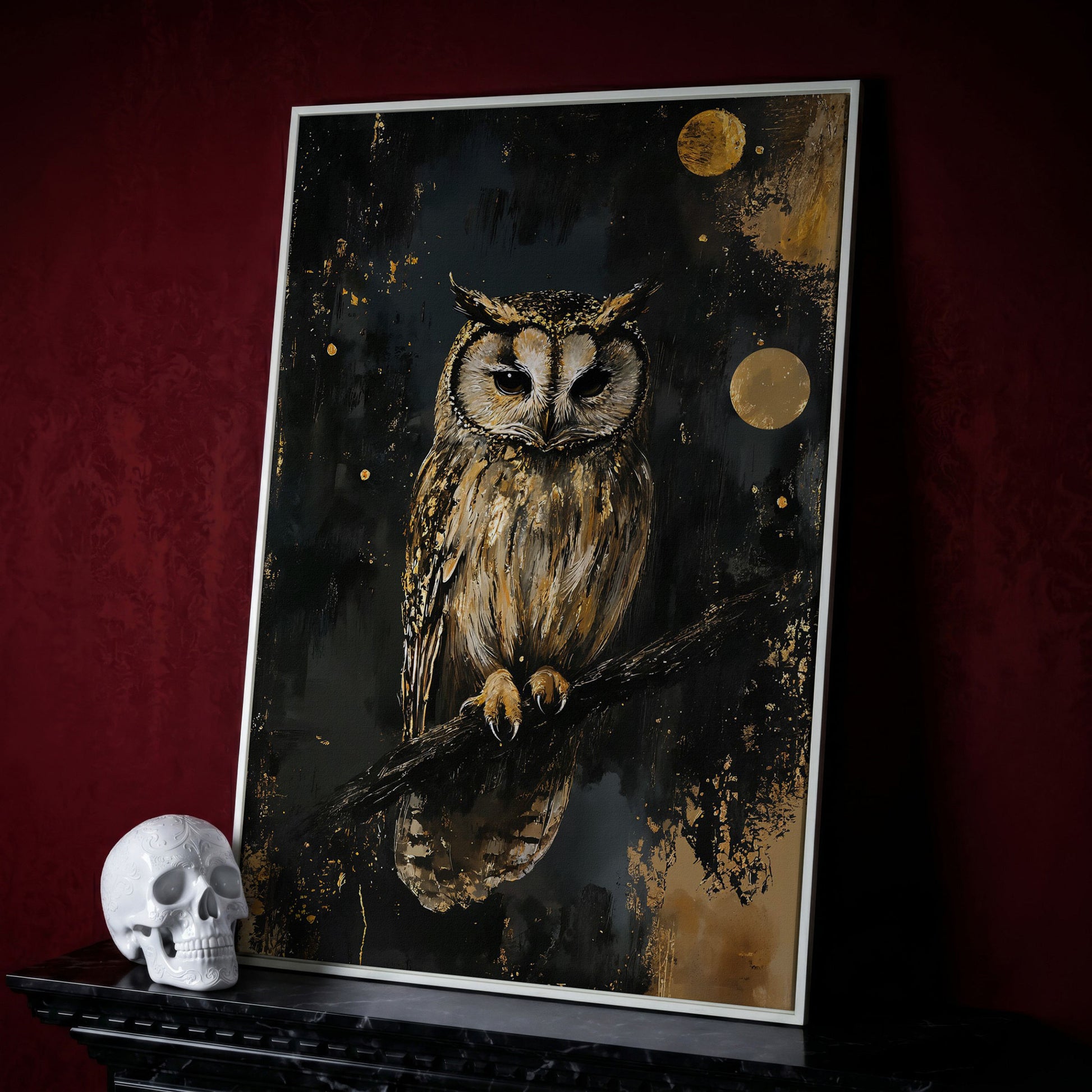 Owl on Branch Canvas Print, Dark Moon Night Art in white floating frame