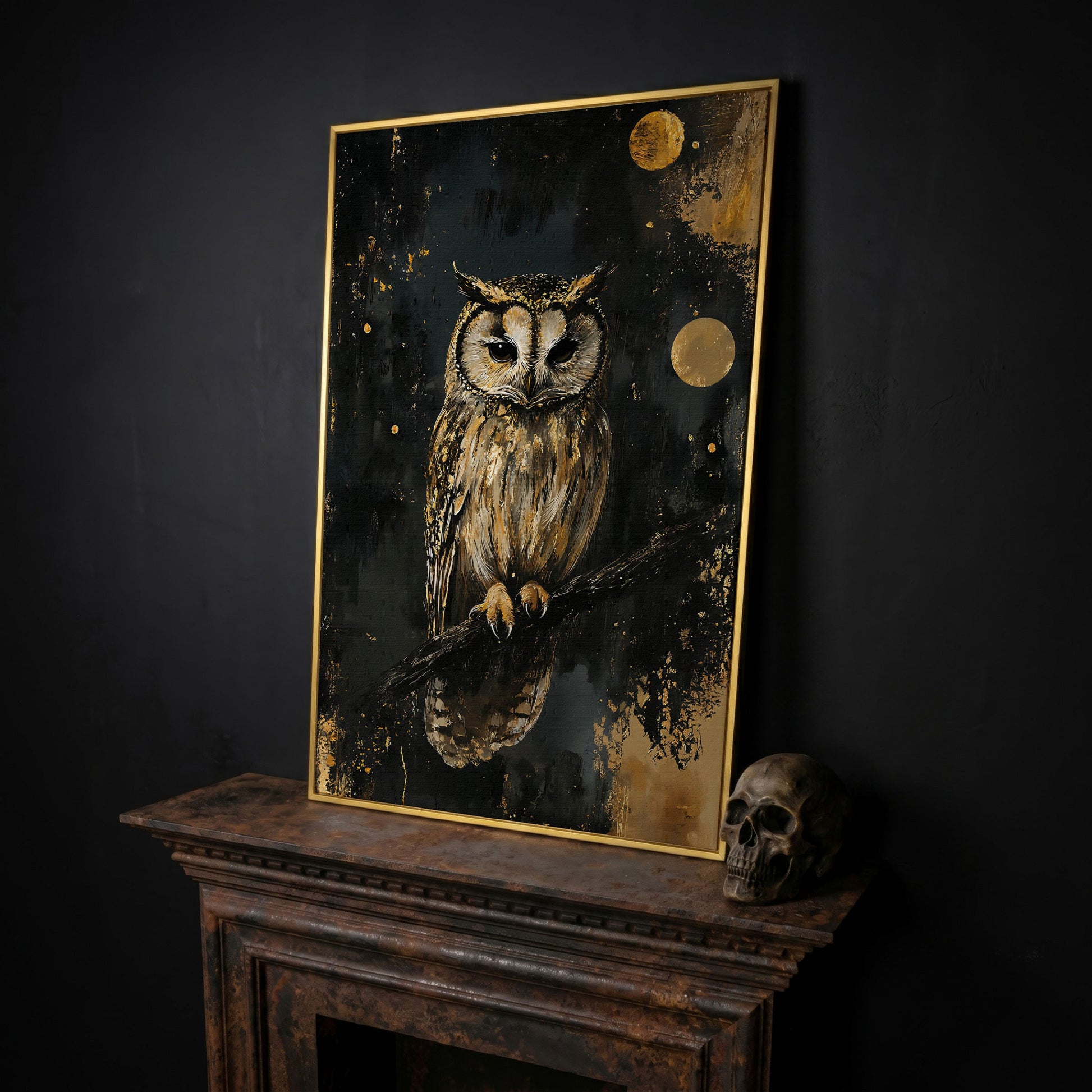Owl on Branch Canvas Print, Dark Moon Night Art in yellow gold floating frame