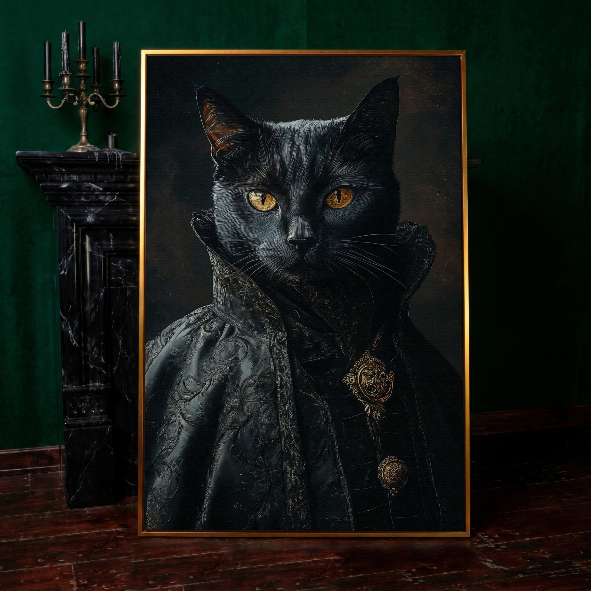 Victorian Black Cat Portrait Canvas Art, Anthropomorphic Gothic Print in antique gold floating frame