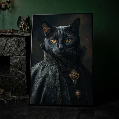 Victorian Black Cat Portrait Canvas Art, Anthropomorphic Gothic Print in black floating frame