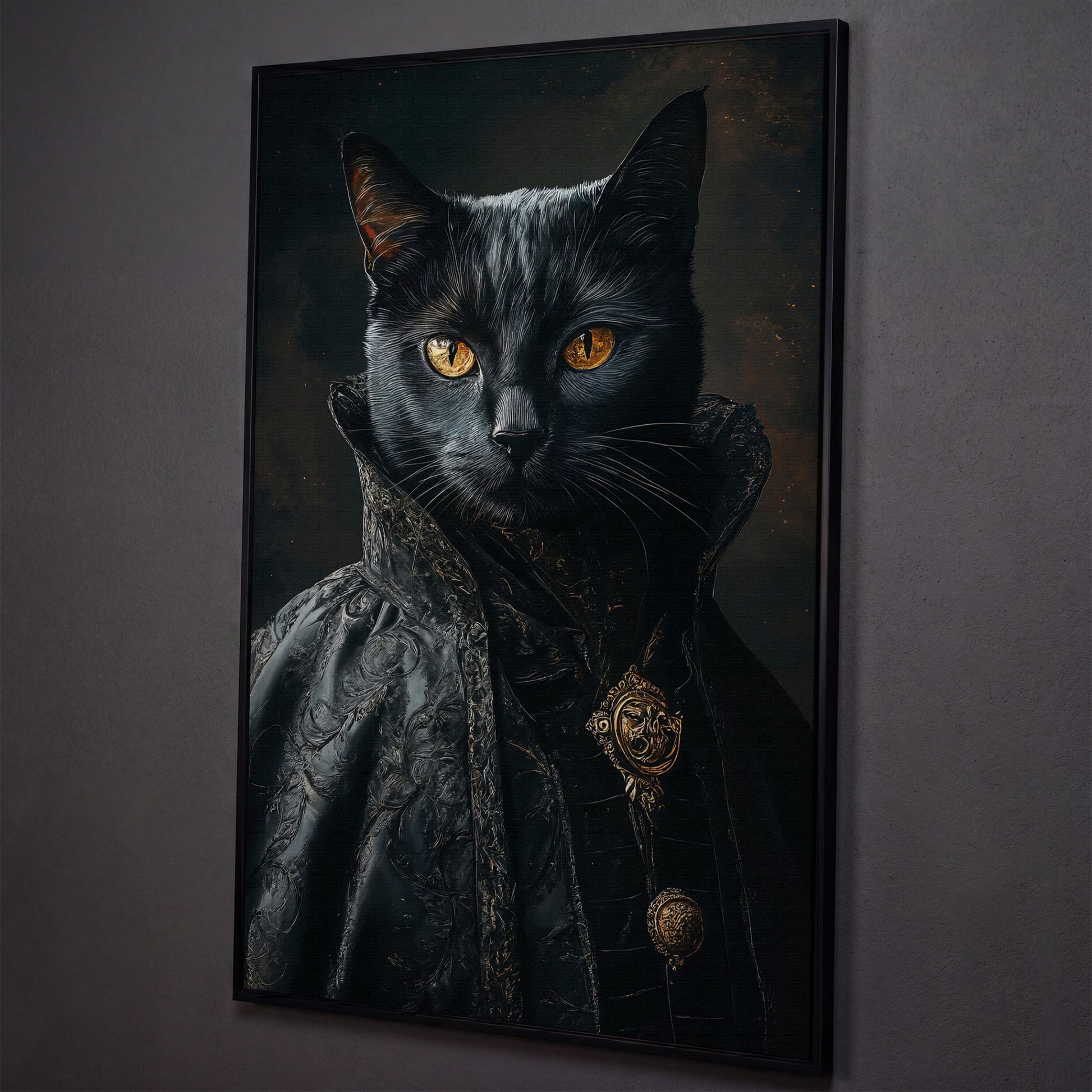Victorian Black Cat Portrait Canvas Art, Anthropomorphic Gothic Print shown in black floating frame