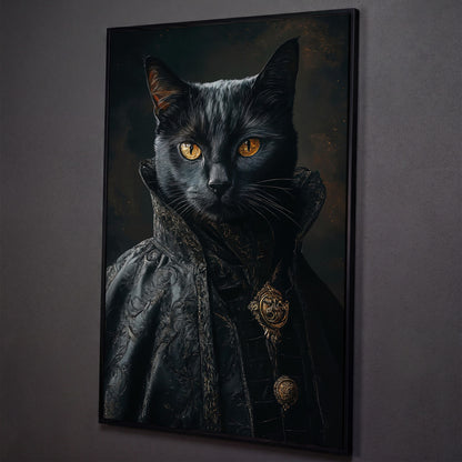Victorian Black Cat Portrait Canvas Art, Anthropomorphic Gothic Print shown in black floating frame