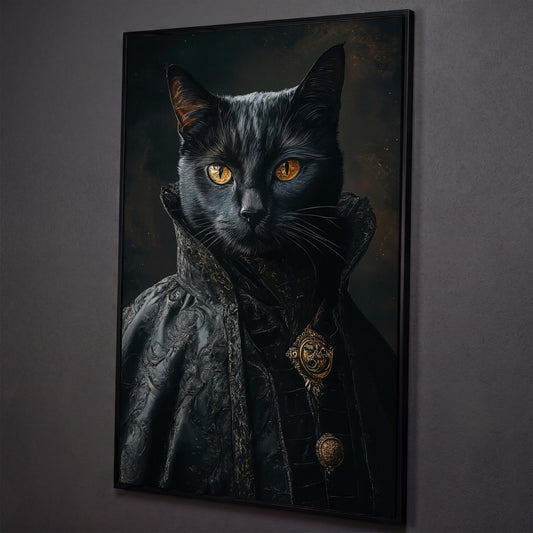 Victorian Black Cat Portrait Canvas Art, Anthropomorphic Gothic Print shown in black floating frame
