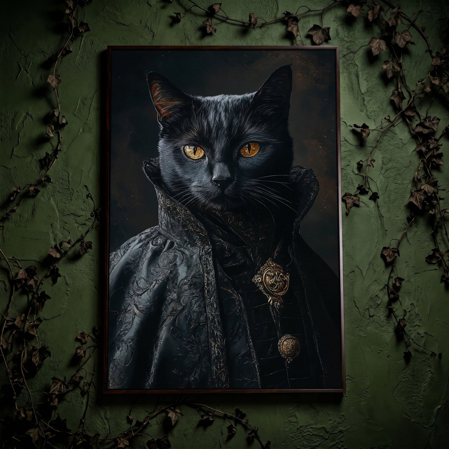 Victorian Black Cat Portrait Canvas Art, Anthropomorphic Gothic Print in dark walnut floating frame