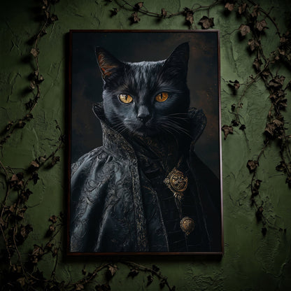 Victorian Black Cat Portrait Canvas Art, Anthropomorphic Gothic Print in dark walnut floating frame