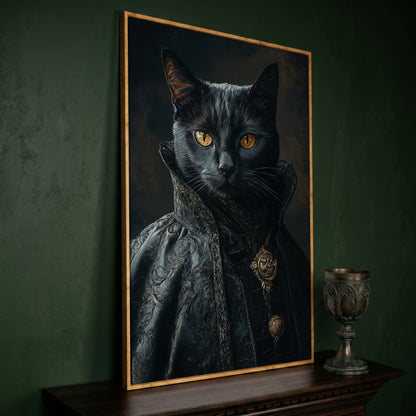 Victorian Black Cat Portrait Canvas Art, Anthropomorphic Gothic Print in white oak floating frame