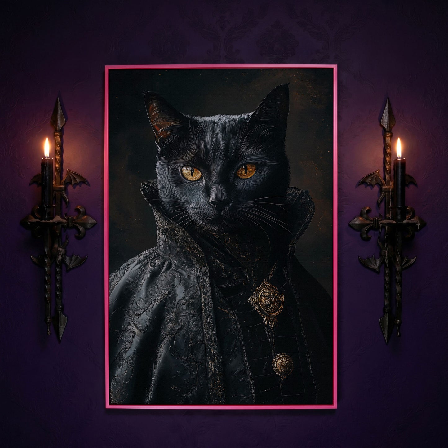 Victorian Black Cat Portrait Canvas Art, Anthropomorphic Gothic Print in pink floating frame
