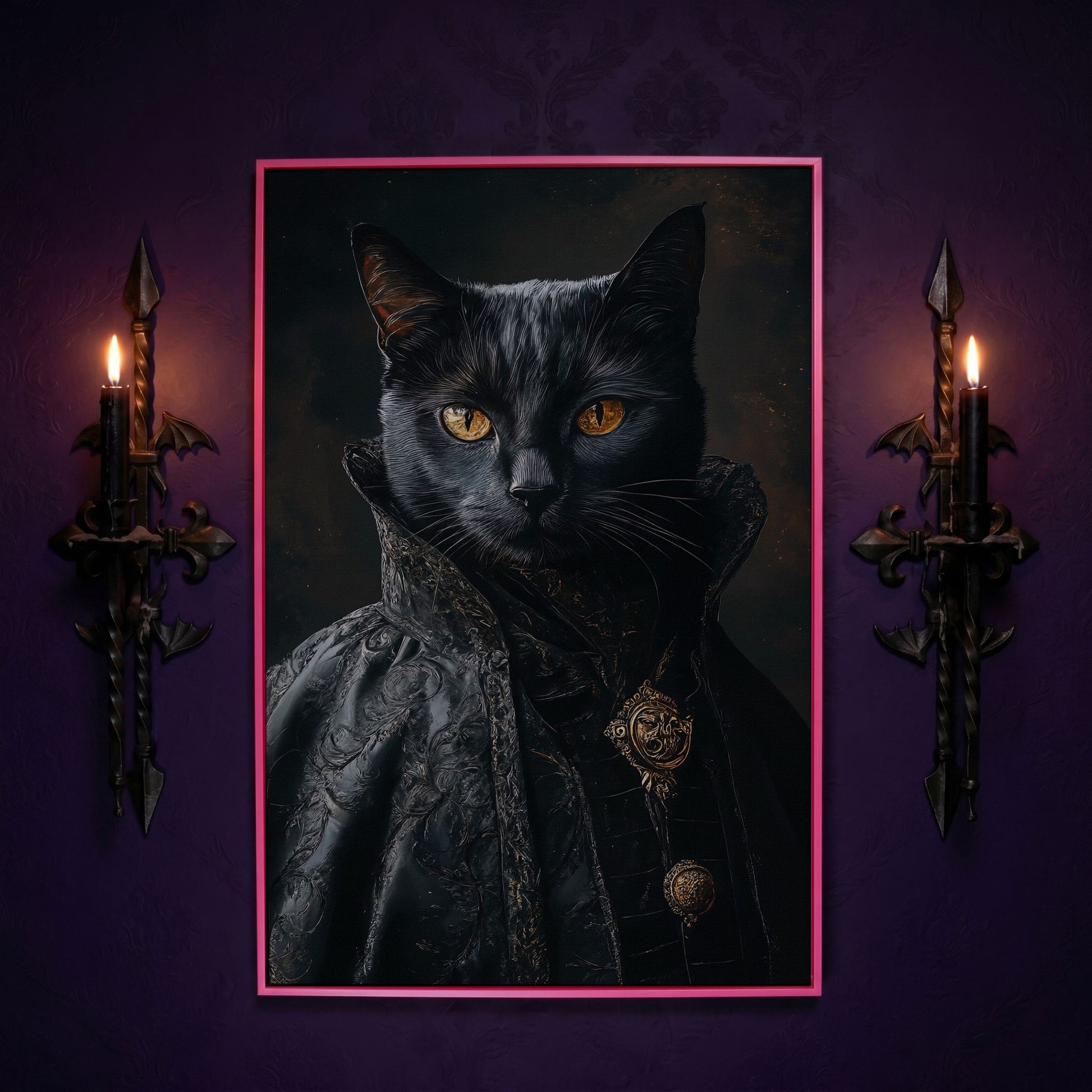 Victorian Black Cat Portrait Canvas Art, Anthropomorphic Gothic Print in pink floating frame