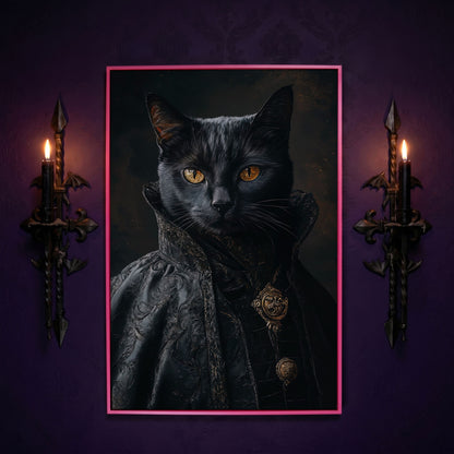 Victorian Black Cat Portrait Canvas Art, Anthropomorphic Gothic Print in pink floating frame