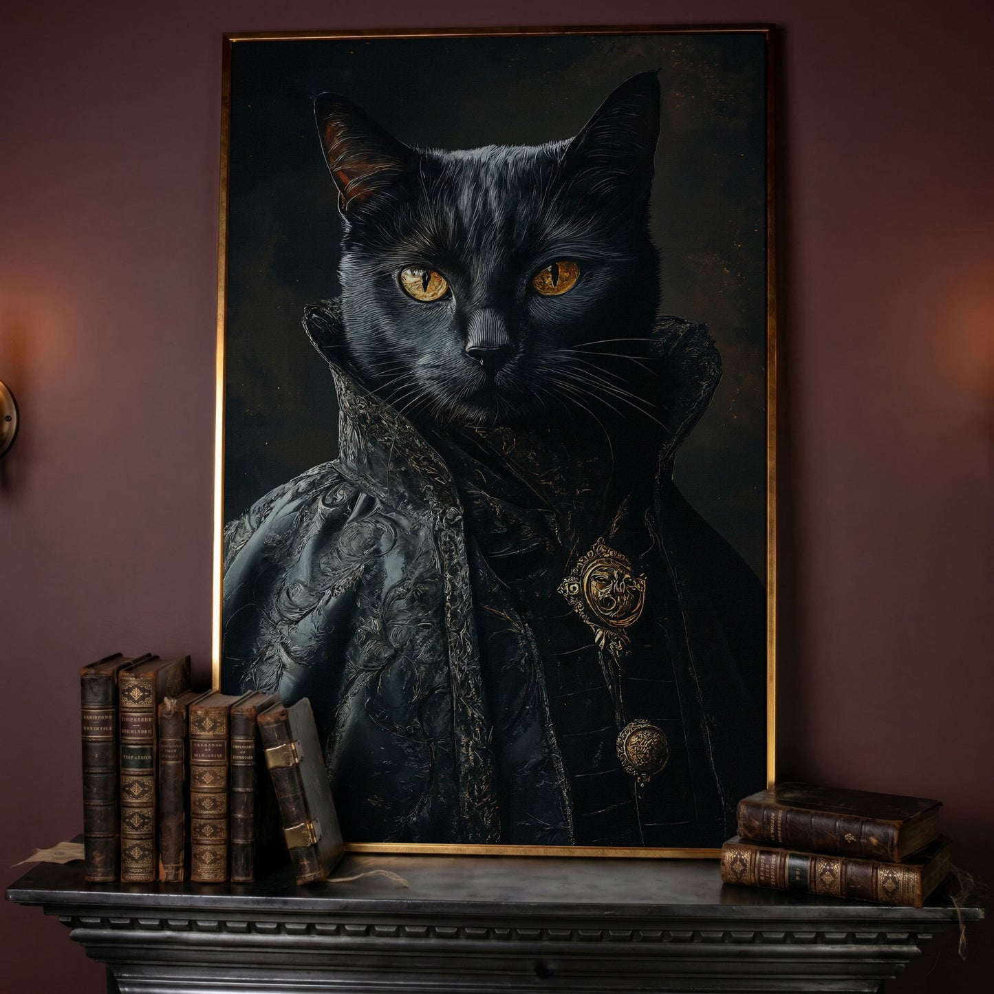 Victorian Black Cat Portrait Canvas Art, Anthropomorphic Gothic Print in rose gold floating frame