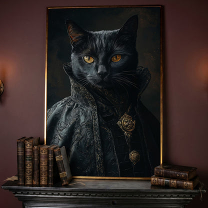 Victorian Black Cat Portrait Canvas Art, Anthropomorphic Gothic Print in rose gold floating frame