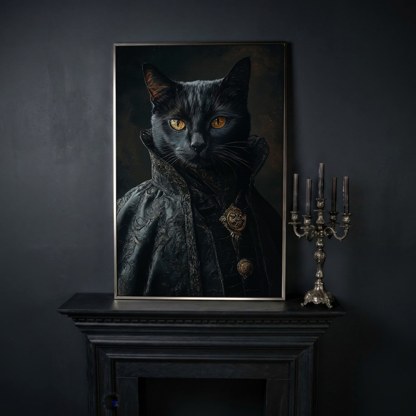 Victorian Black Cat Portrait Canvas Art, Anthropomorphic Gothic Print in silver floating frame