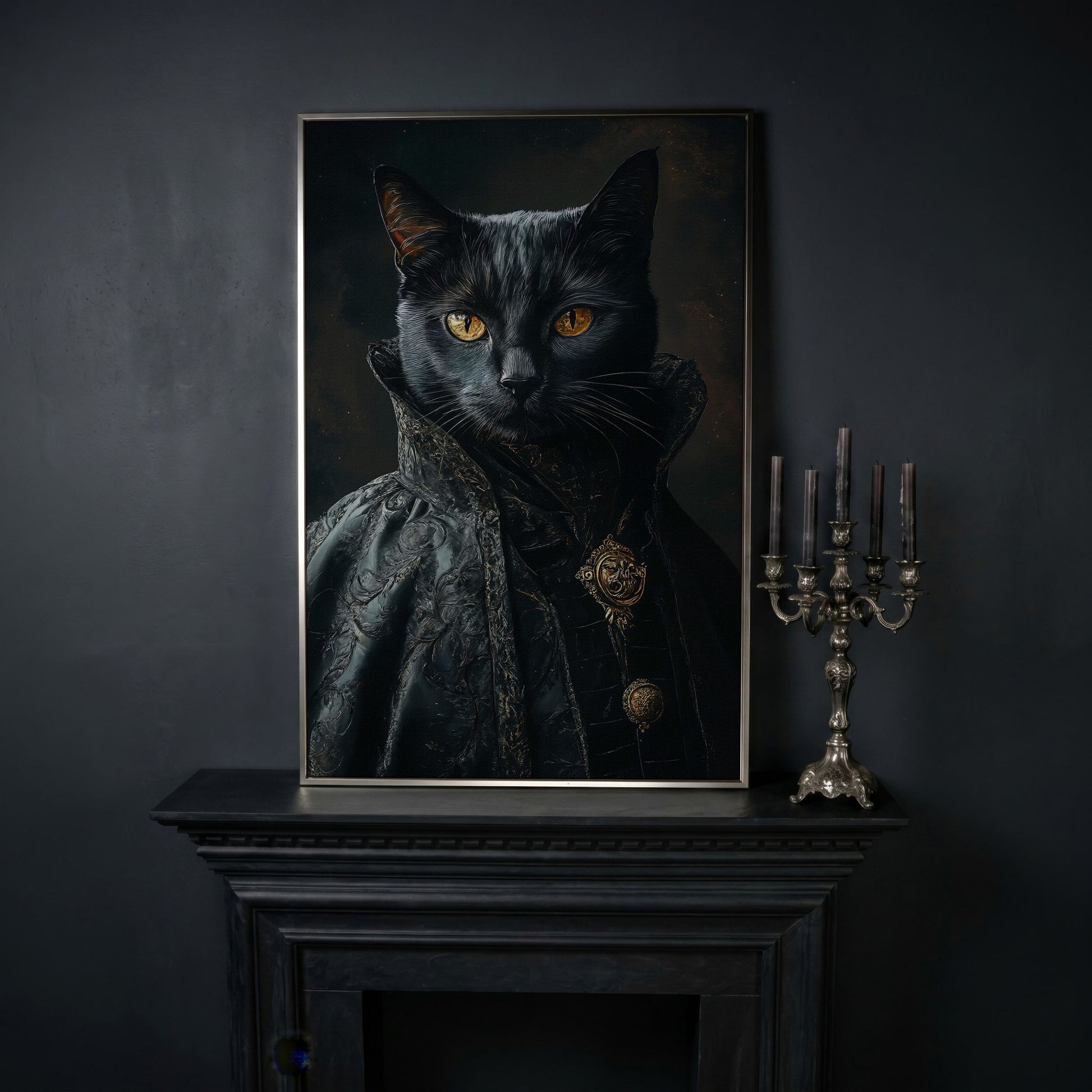 Victorian Black Cat Portrait Canvas Art, Anthropomorphic Gothic Print in silver floating frame