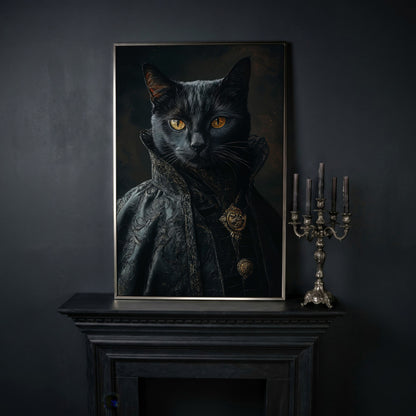 Victorian Black Cat Portrait Canvas Art, Anthropomorphic Gothic Print in silver floating frame