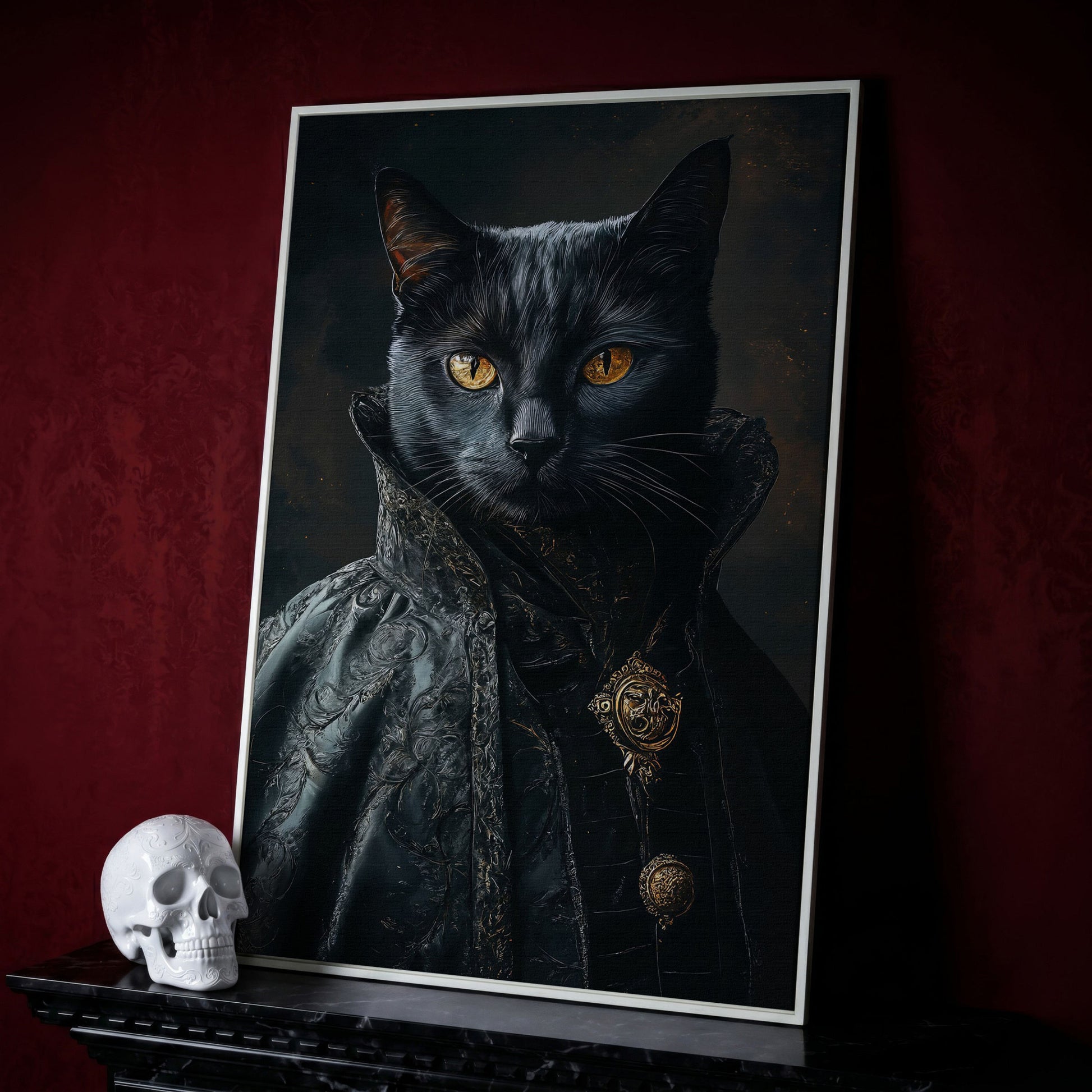 Victorian Black Cat Portrait Canvas Art, Anthropomorphic Gothic Print in white floating frame