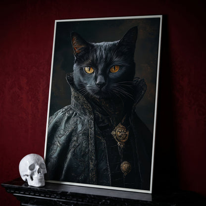 Victorian Black Cat Portrait Canvas Art, Anthropomorphic Gothic Print in white floating frame