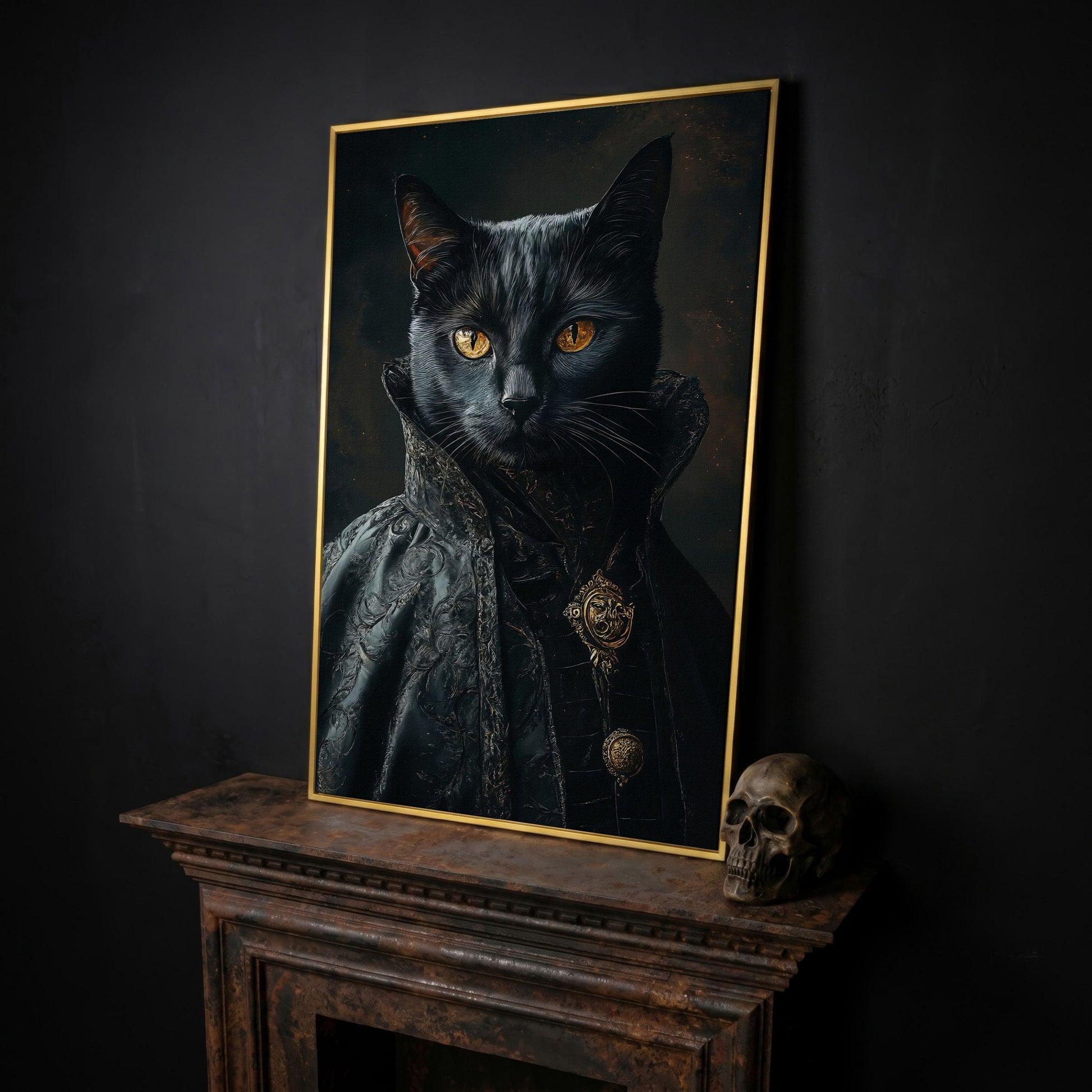 Victorian Black Cat Portrait Canvas Art, Anthropomorphic Gothic Print in yellow gold floating frame