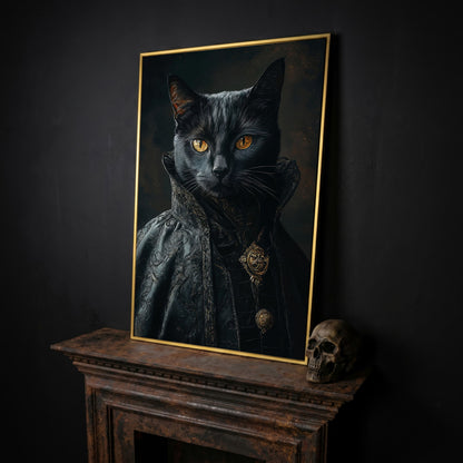 Victorian Black Cat Portrait Canvas Art, Anthropomorphic Gothic Print in yellow gold floating frame