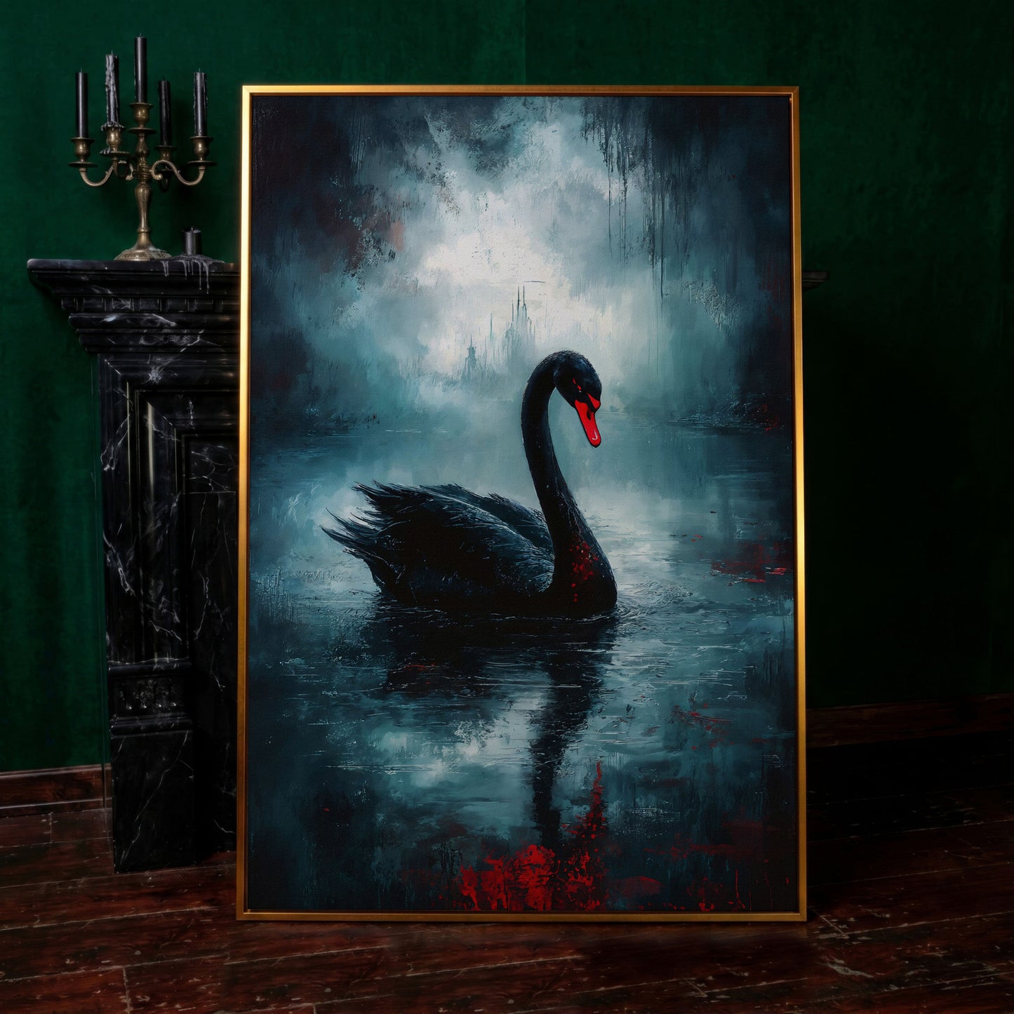 Black Swan on a Misty Lake, Gothic Canvas Wall Art in antique gold floating frame