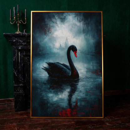 Black Swan on a Misty Lake, Gothic Canvas Wall Art in antique gold floating frame