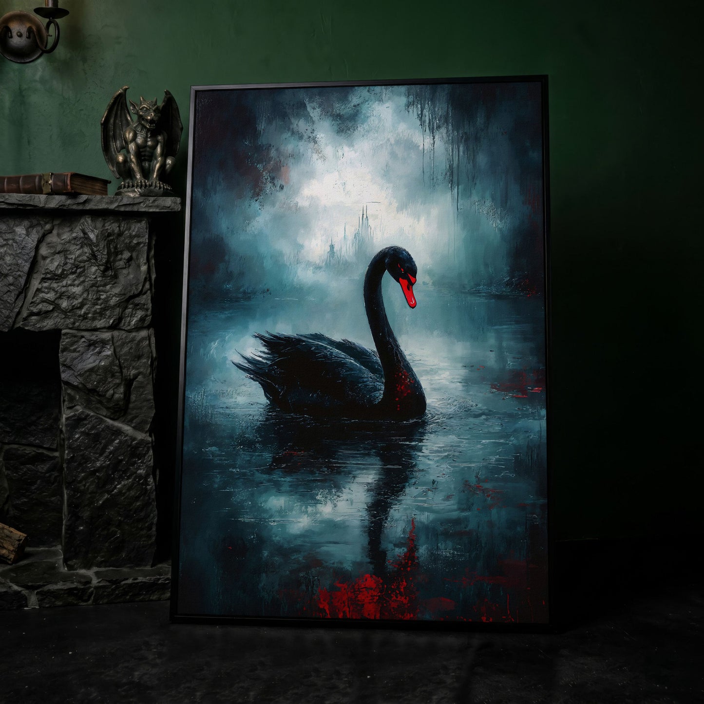 Black Swan on a Misty Lake, Gothic Canvas Wall Art in black floating frame