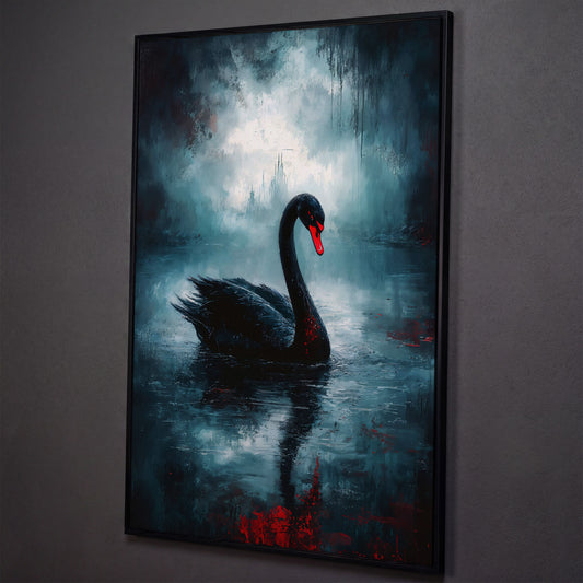 Black Swan on a Misty Lake, Gothic Canvas Wall Art shown in black floating frame