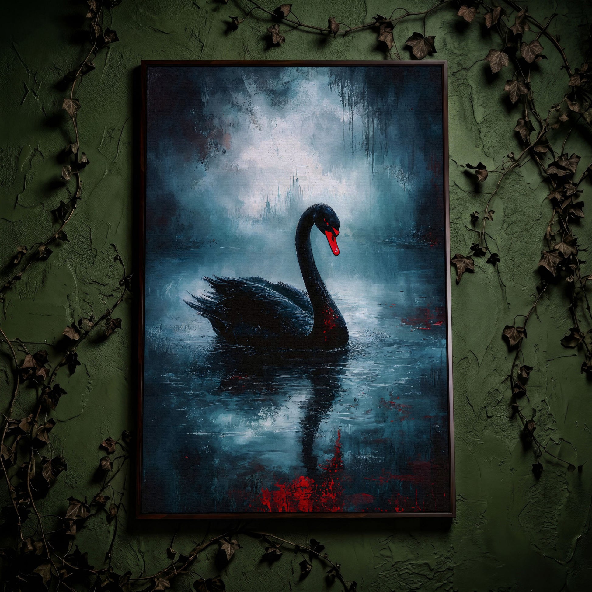 Black Swan on a Misty Lake, Gothic Canvas Wall Art in dark walnut floating frame