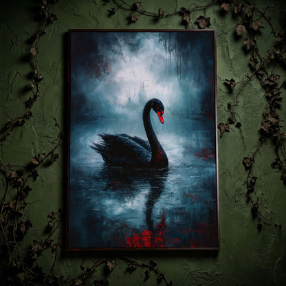 Black Swan on a Misty Lake, Gothic Canvas Wall Art in dark walnut floating frame