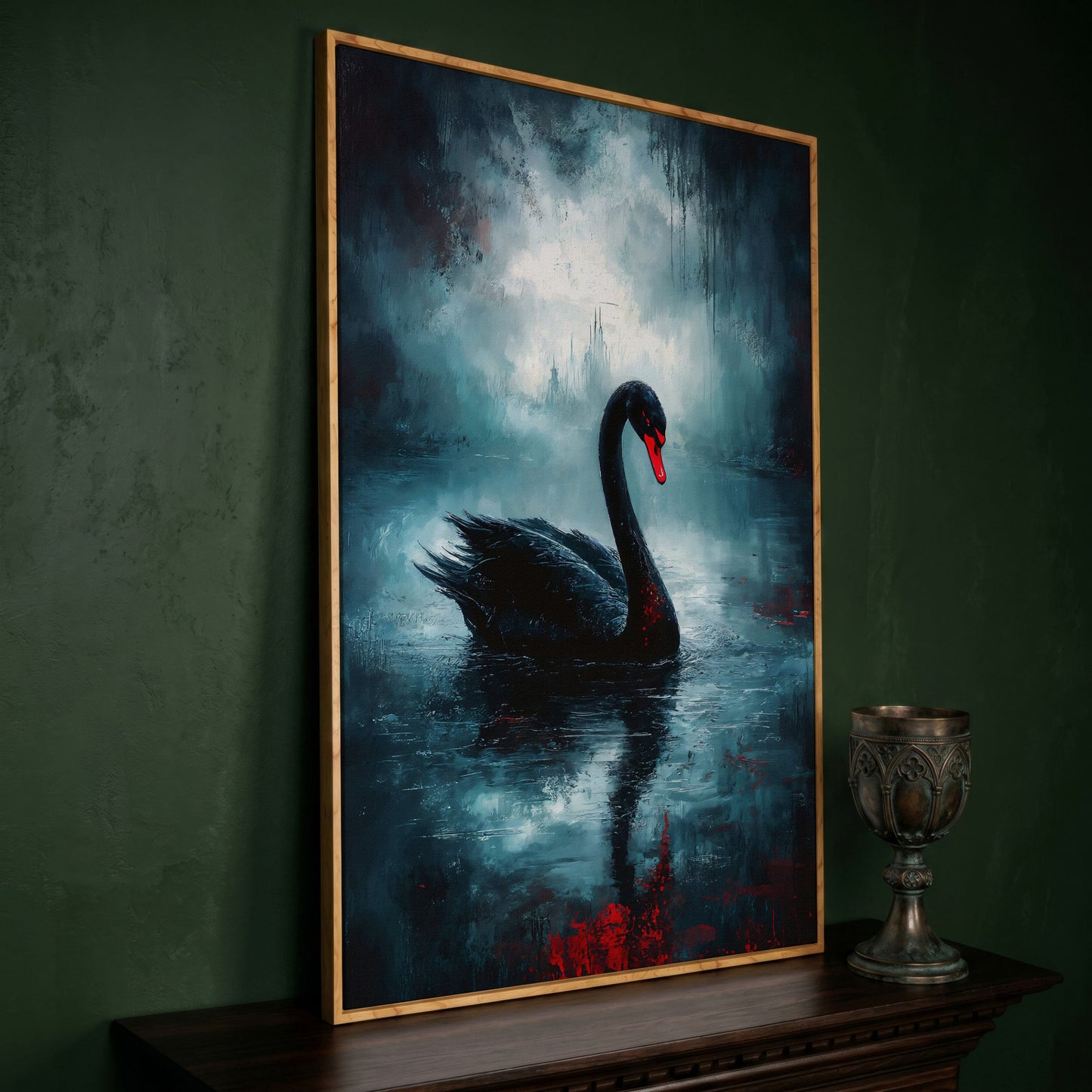 Black Swan on a Misty Lake, Gothic Canvas Wall Art in white oak floating frame
