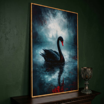 Black Swan on a Misty Lake, Gothic Canvas Wall Art in white oak floating frame