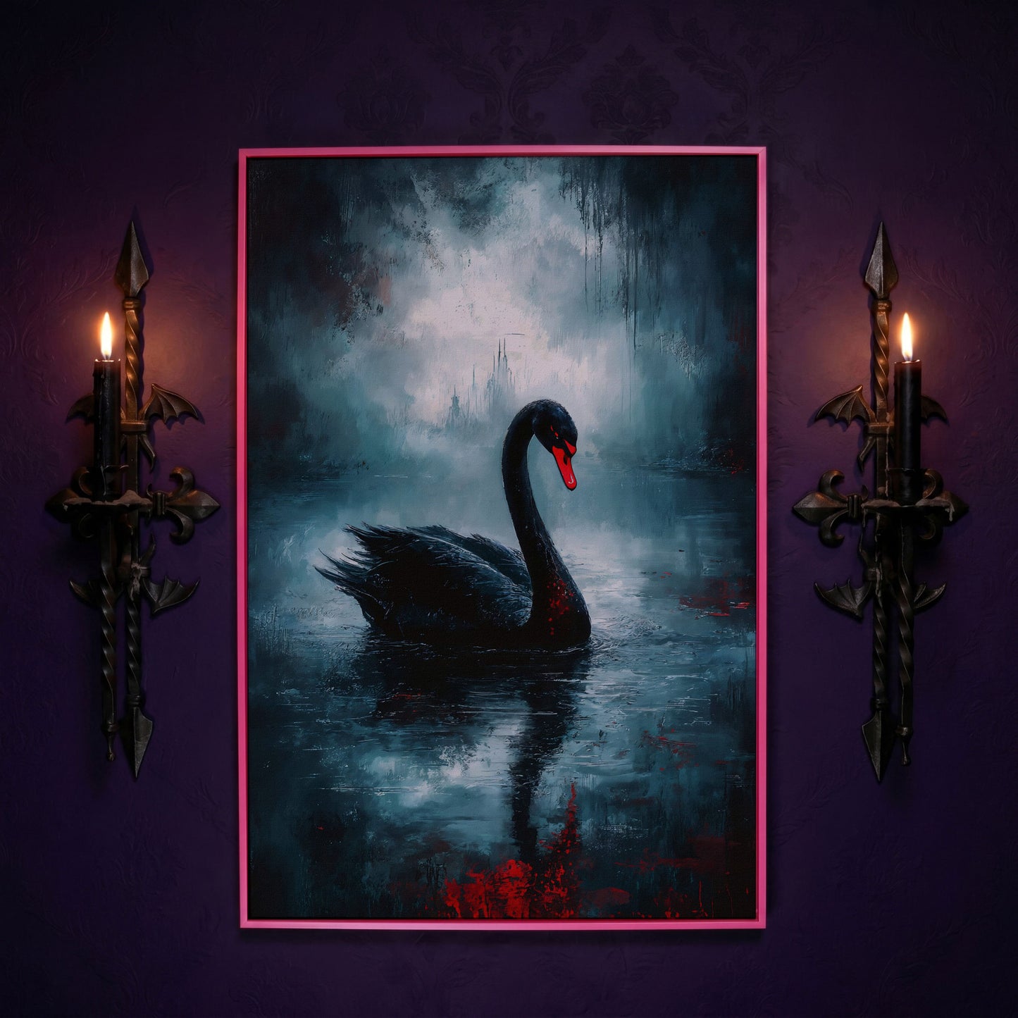 Black Swan on a Misty Lake, Gothic Canvas Wall Art in pink floating frame