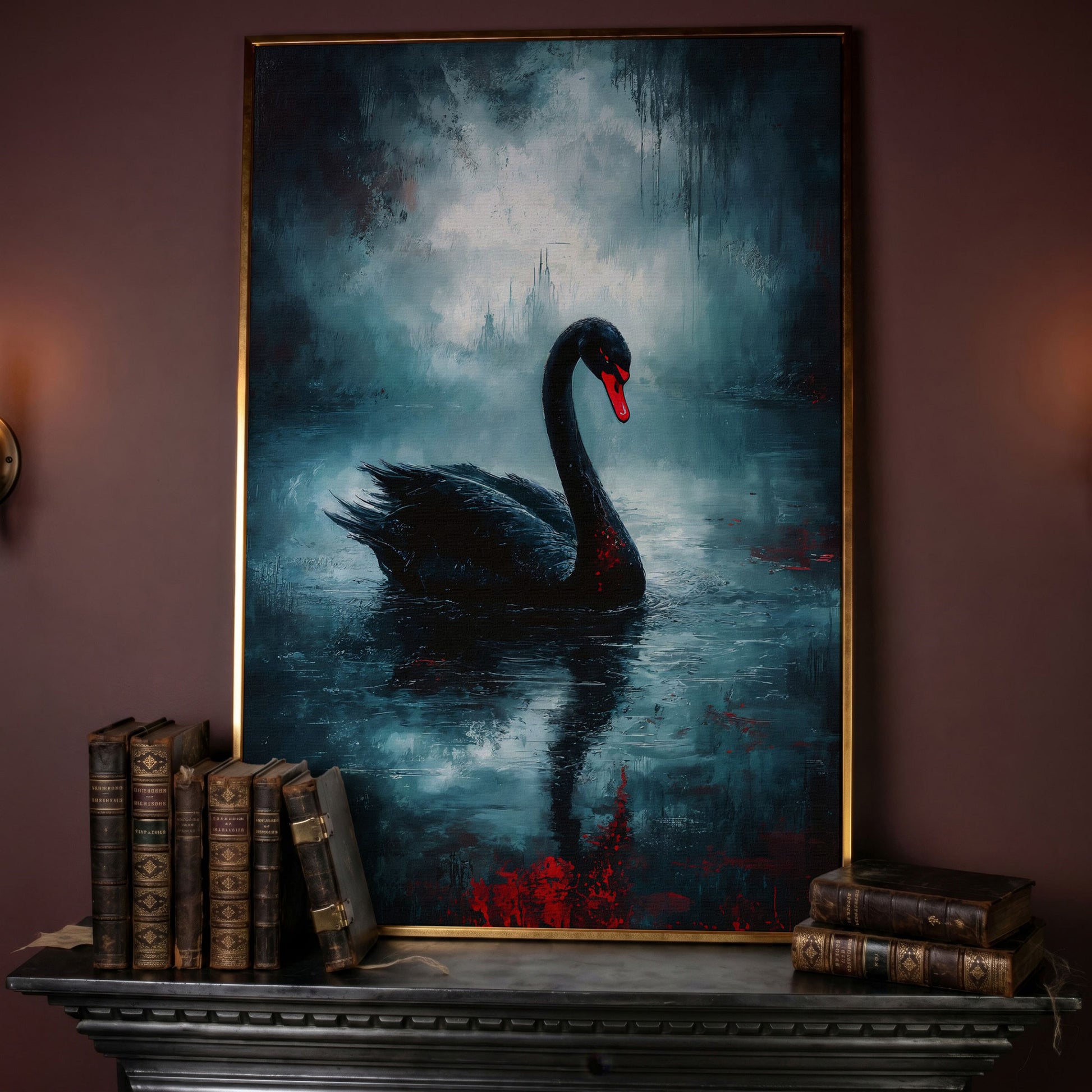 Black Swan on a Misty Lake, Gothic Canvas Wall Art in rose gold floating frame