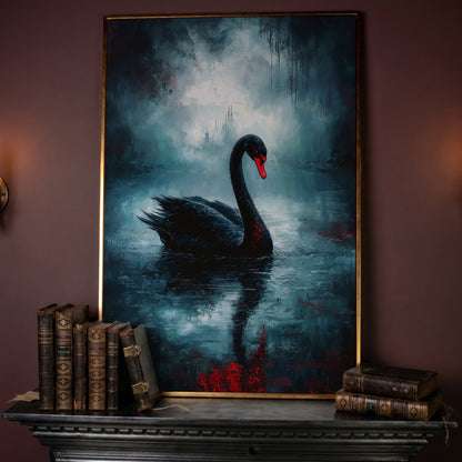 Black Swan on a Misty Lake, Gothic Canvas Wall Art in rose gold floating frame