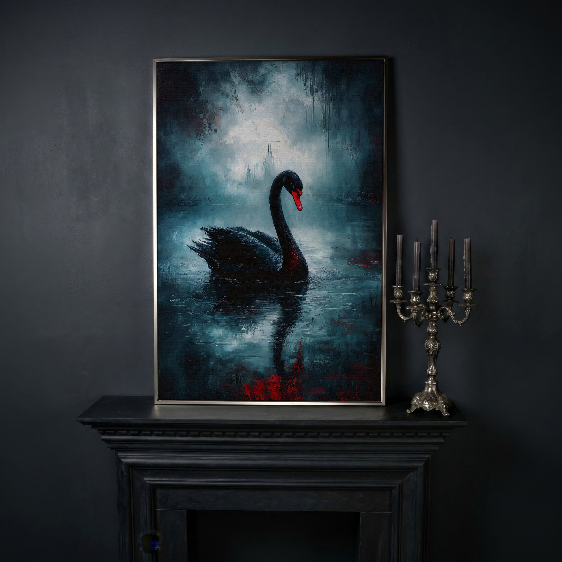 Black Swan on a Misty Lake, Gothic Canvas Wall Art in silver floating frame