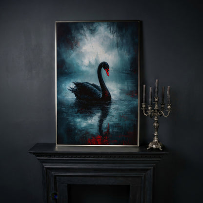 Black Swan on a Misty Lake, Gothic Canvas Wall Art in silver floating frame
