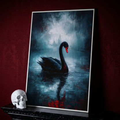 Black Swan on a Misty Lake, Gothic Canvas Wall Art in white floating frame