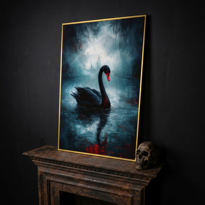 Black Swan on a Misty Lake, Gothic Canvas Wall Art in yellow gold floating frame