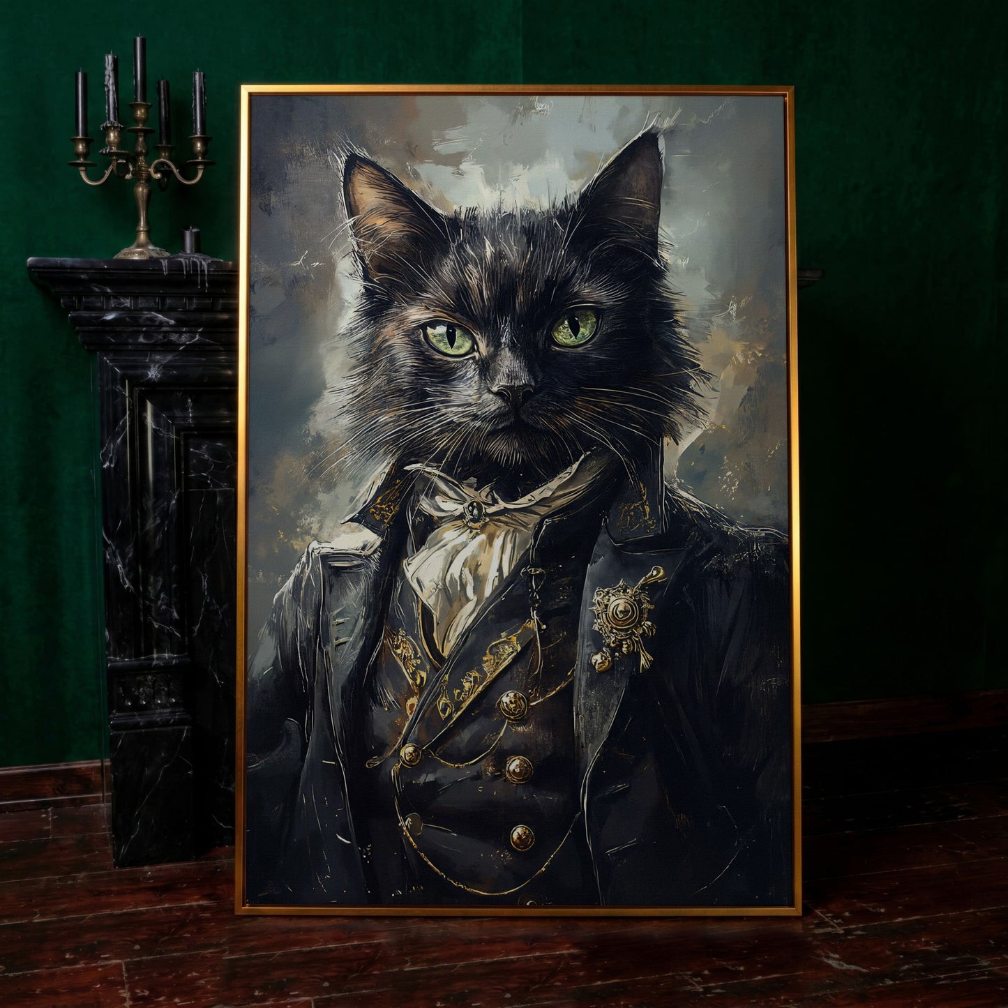 Victorian Black Cat Portrait Canvas Art, Formal Cravat and Jacket in antique gold floating frame