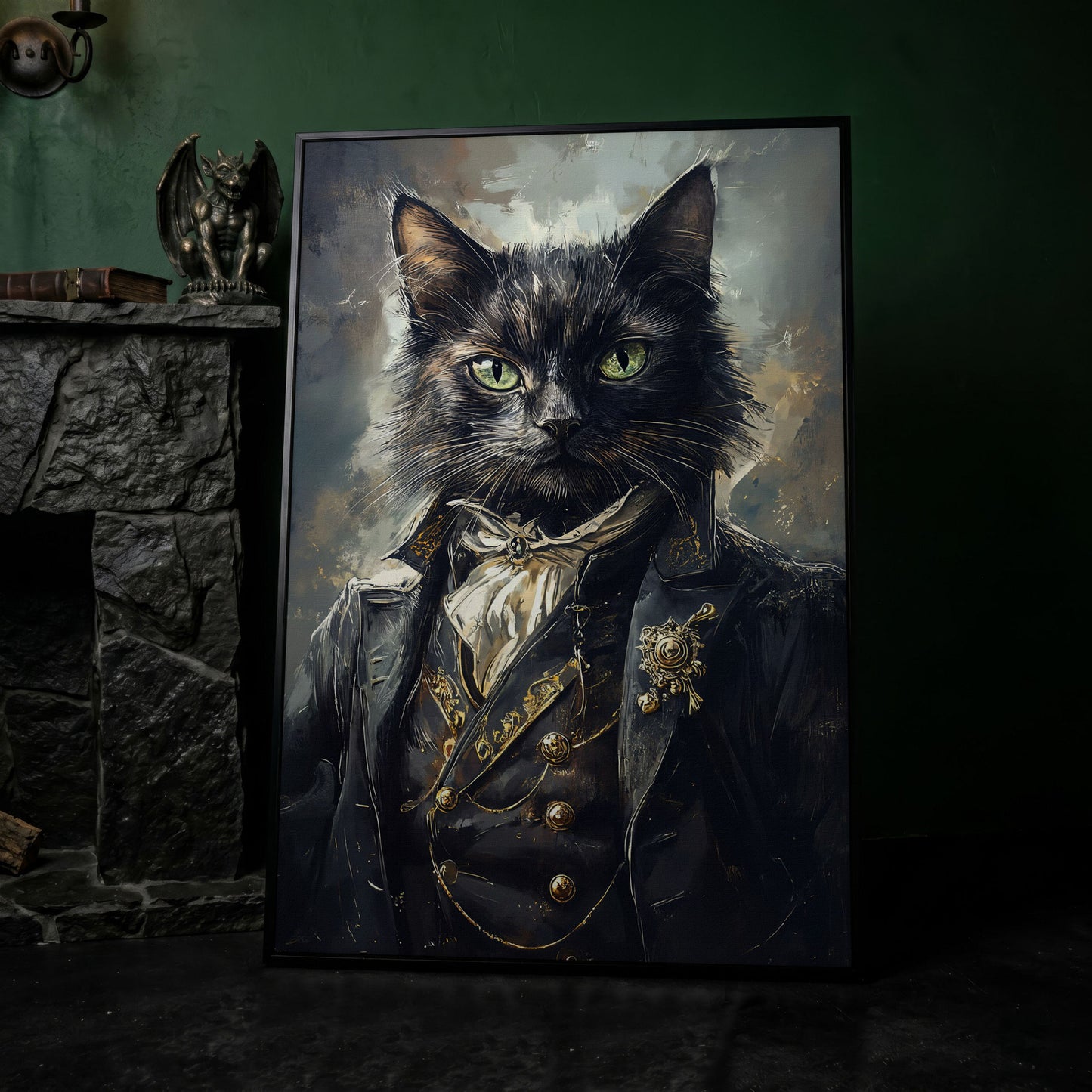 Victorian Black Cat Portrait Canvas Art, Formal Cravat and Jacket in black floating frame