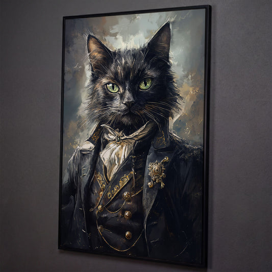 Victorian Black Cat Portrait Canvas Art, Formal Cravat and Jacket shown in black floating frame