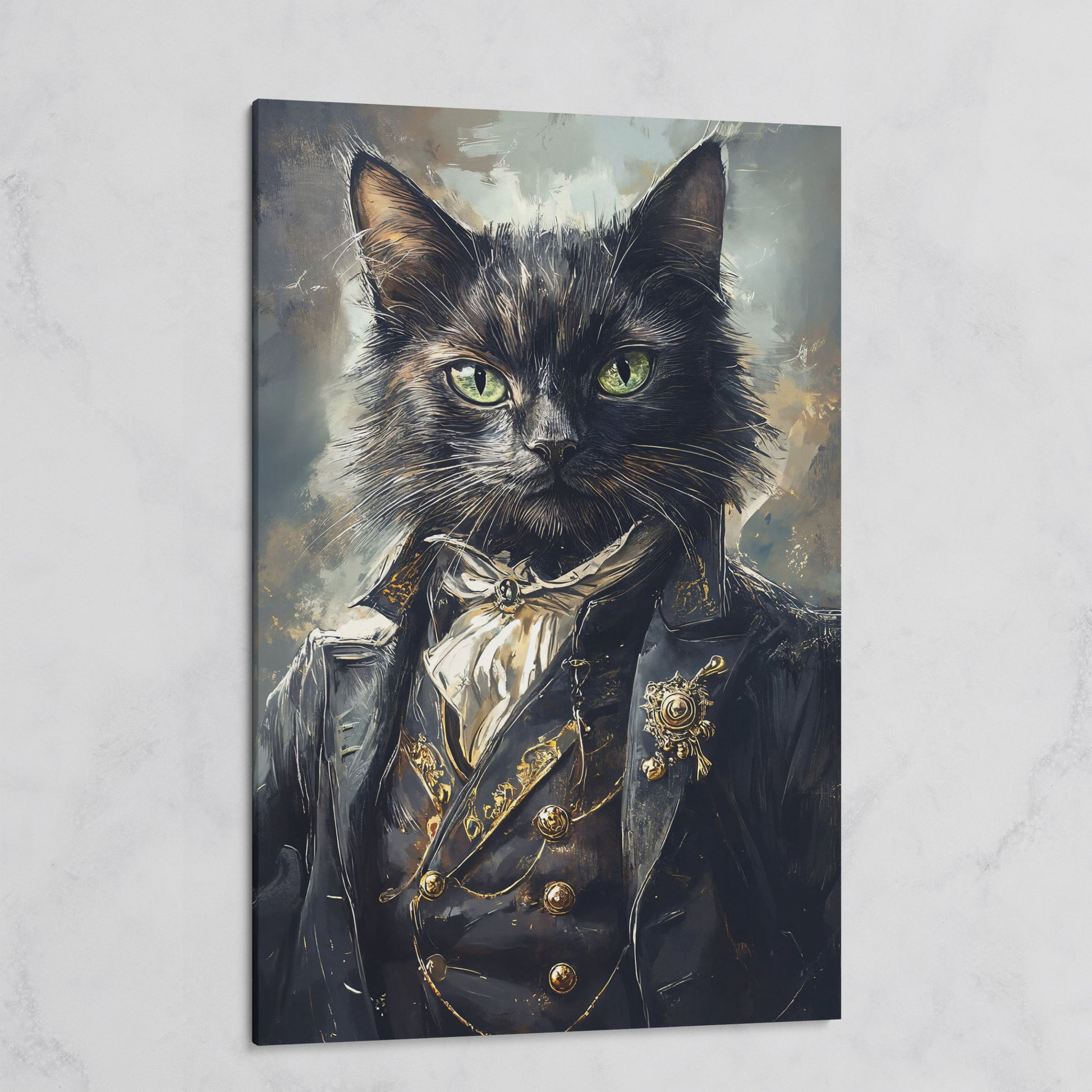Victorian Black Cat Portrait Canvas Art, Formal Cravat and Jacket on gallery wrap