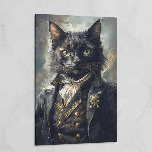 Victorian Black Cat Portrait Canvas Art, Formal Cravat and Jacket on gallery wrap