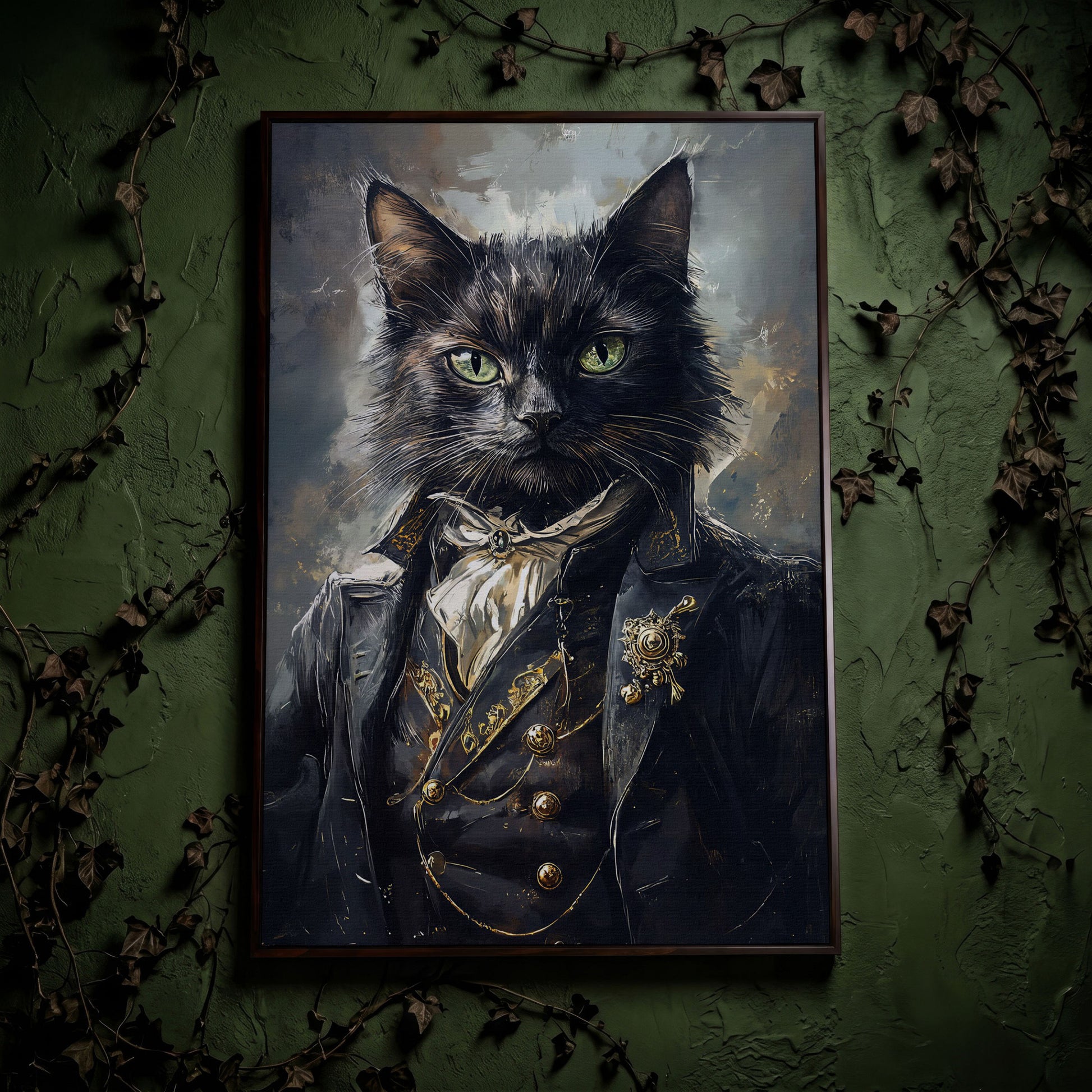 Victorian Black Cat Portrait Canvas Art, Formal Cravat and Jacket in dark walnut floating frame