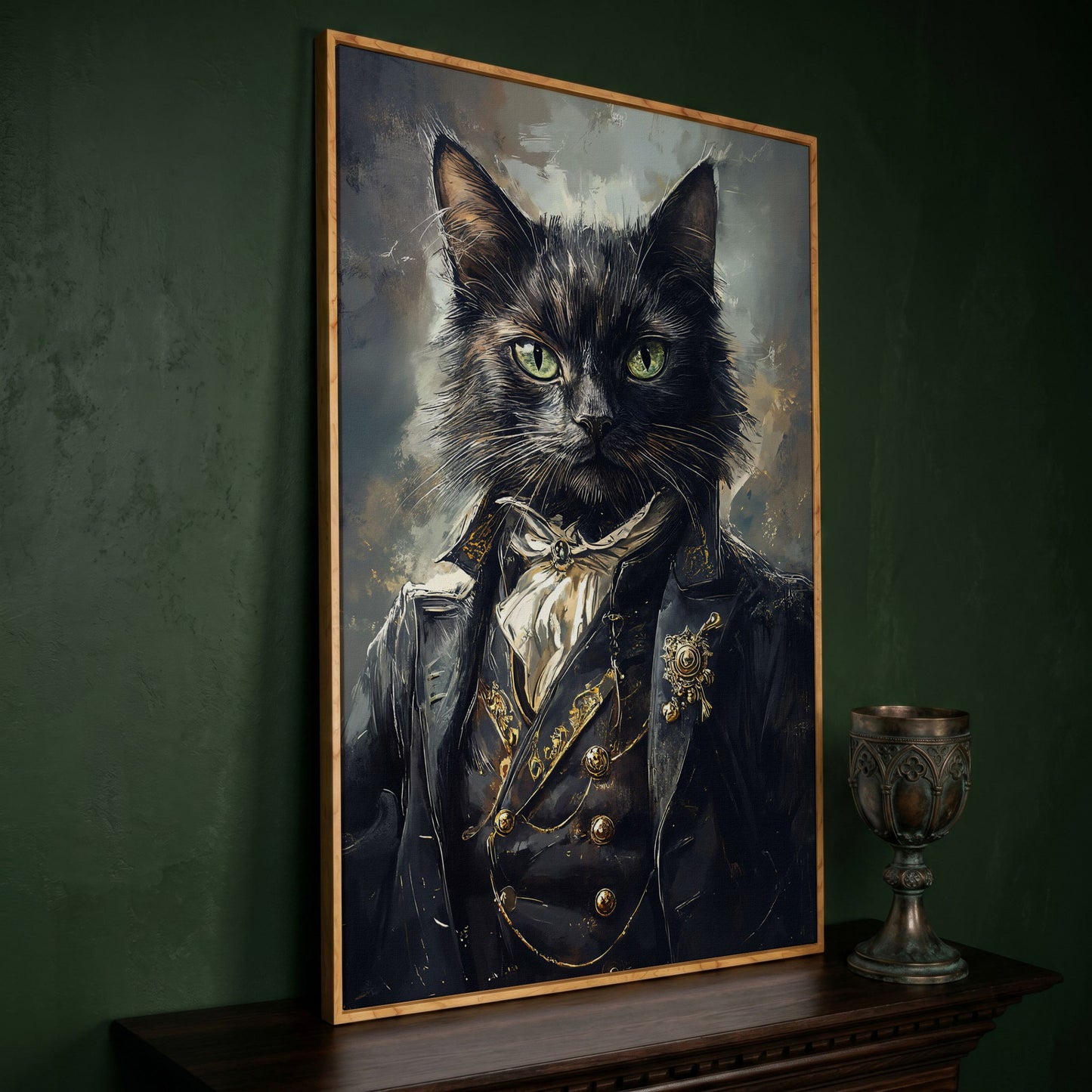 Victorian Black Cat Portrait Canvas Art, Formal Cravat and Jacket in white oak floating frame