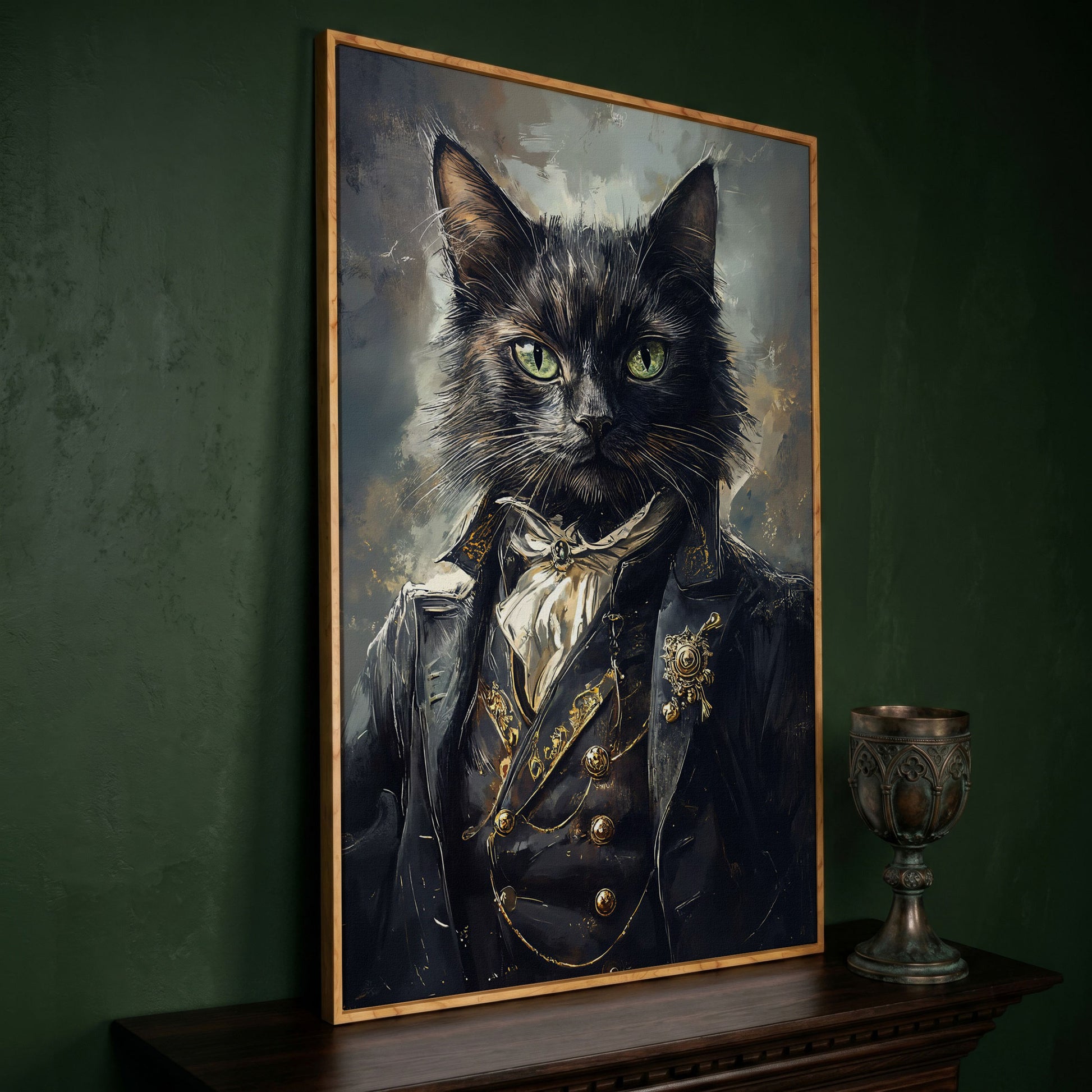 Victorian Black Cat Portrait Canvas Art, Formal Cravat and Jacket in white oak floating frame