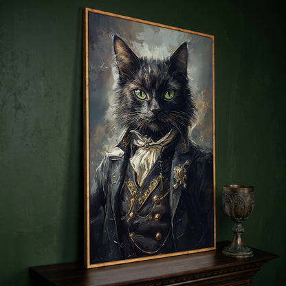 Victorian Black Cat Portrait Canvas Art, Formal Cravat and Jacket in white oak floating frame