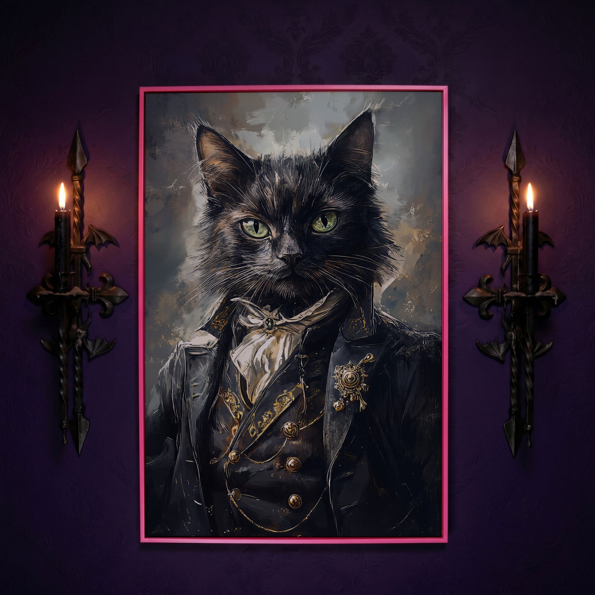 Victorian Black Cat Portrait Canvas Art, Formal Cravat and Jacket in pink floating frame