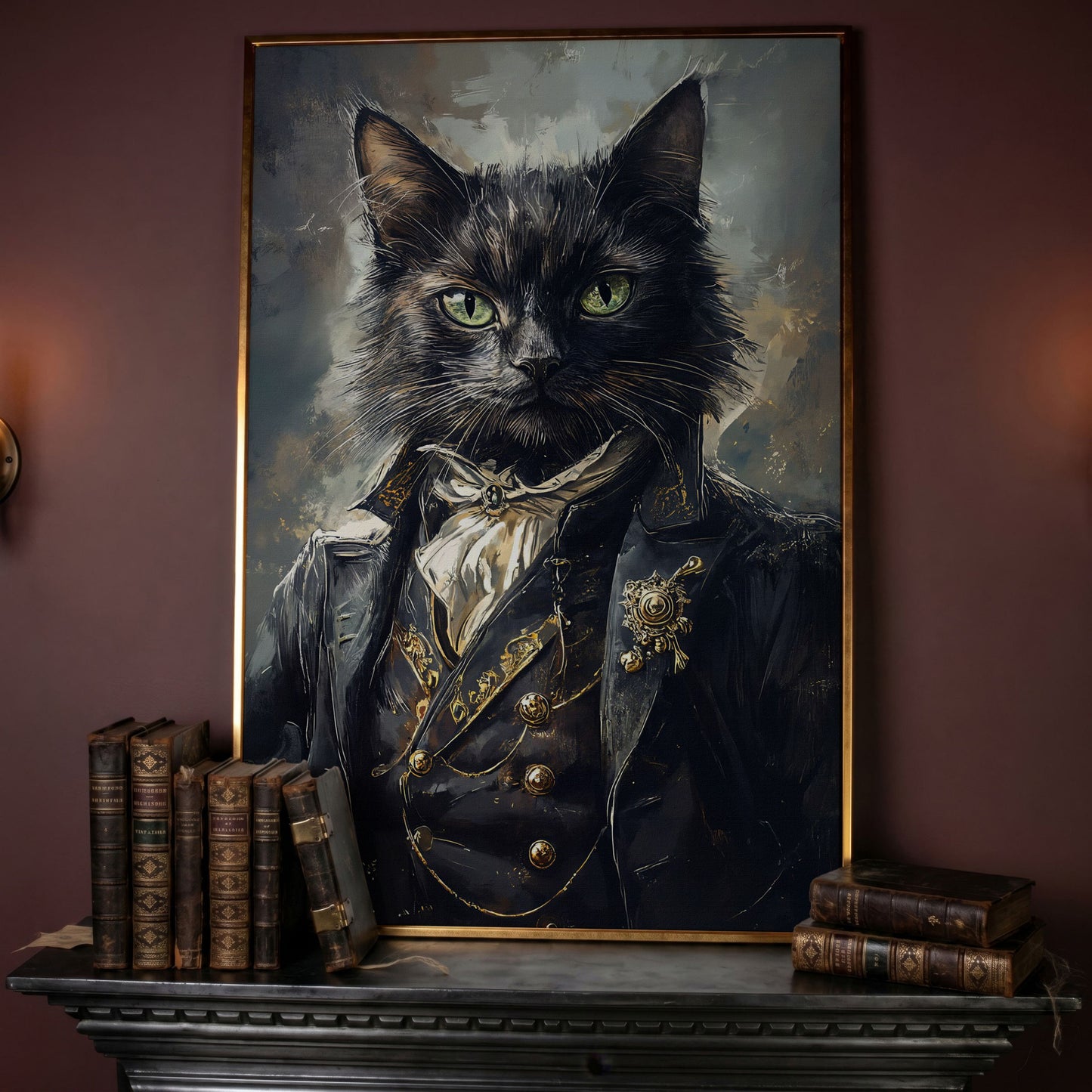 Victorian Black Cat Portrait Canvas Art, Formal Cravat and Jacket in rose gold floating frame