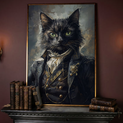 Victorian Black Cat Portrait Canvas Art, Formal Cravat and Jacket in rose gold floating frame